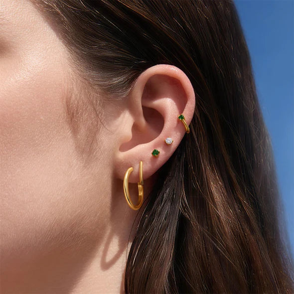 Gold Green Huggie Hoop Earrings, view 2, styled