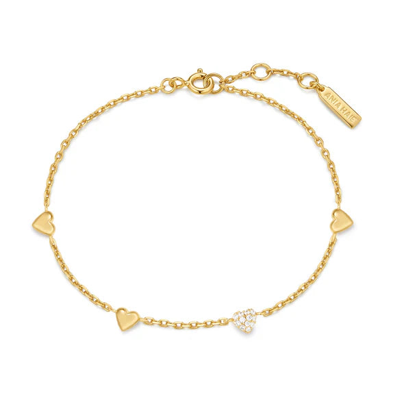 Gold Pavé Puffed Heart Station Bracelet, view 3