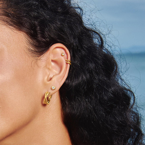 Gold Textured Bezel-Set Stud Earrings, view 2