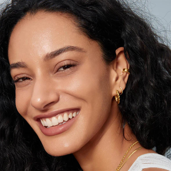 Gold Twisted Huggie Hoop Earrings, view 2, styled