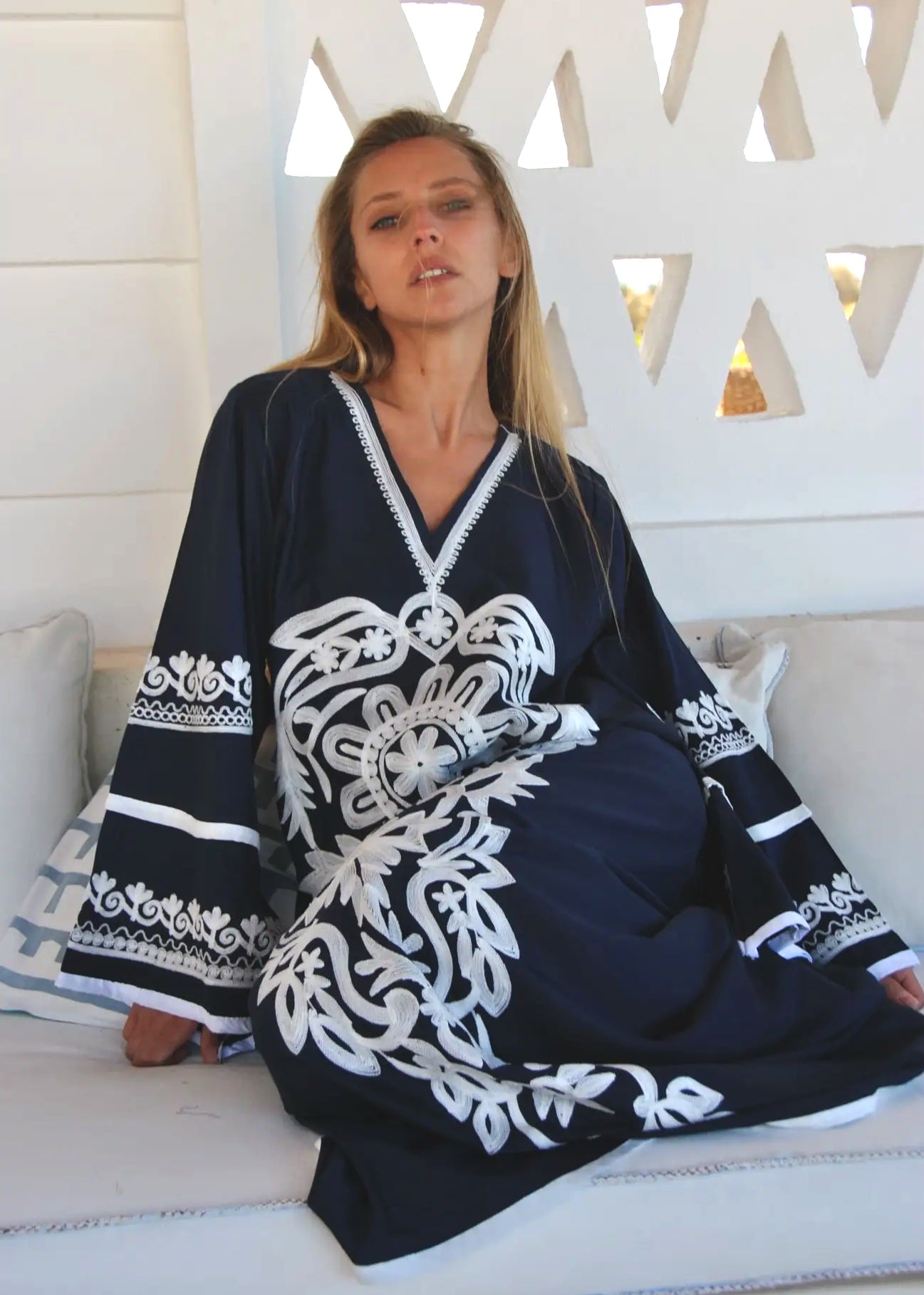 Navy Embroidered Wide Sleeve Caftan