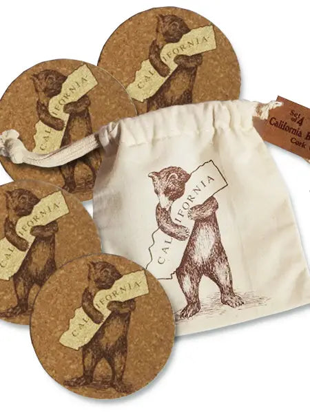 Set/4 Ca Bear Cork Coasters in Drawstring Pouch, view 2, styled