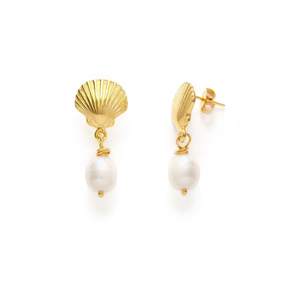 Shell and Pearl Stud Drop Earrings, view 3