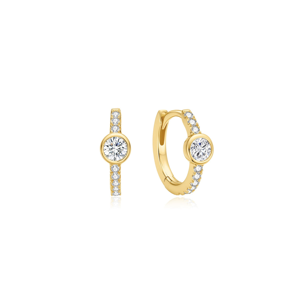Gold Pavé Row & Bezel-Set Huggie Hoop Earrings, view 2