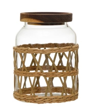 Glass Canister w/ Acacia Wood Lid & Woven Sleeve - The Riviera Towel Company