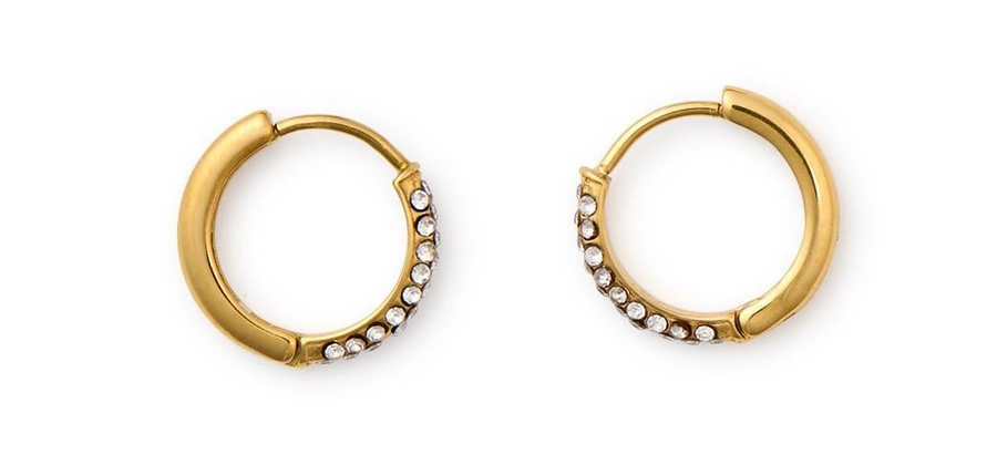 Pave Huggie Hoops, view 2, styled