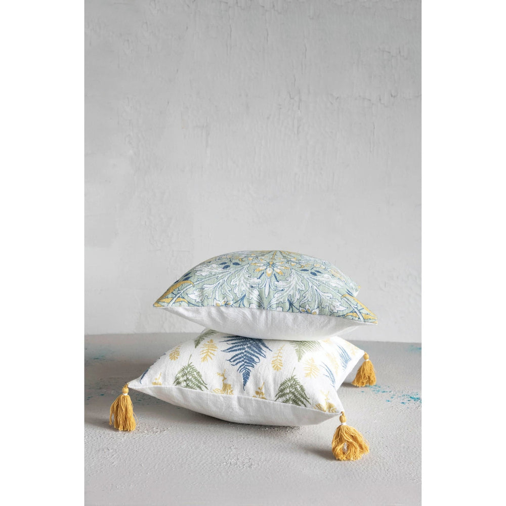 16" Cotton Pillow with Botanical Print & Tassels