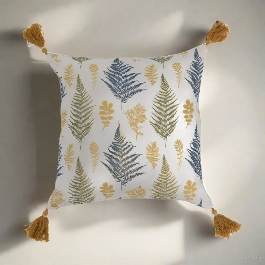 16" Cotton Pillow with Botanical Print & Tassels