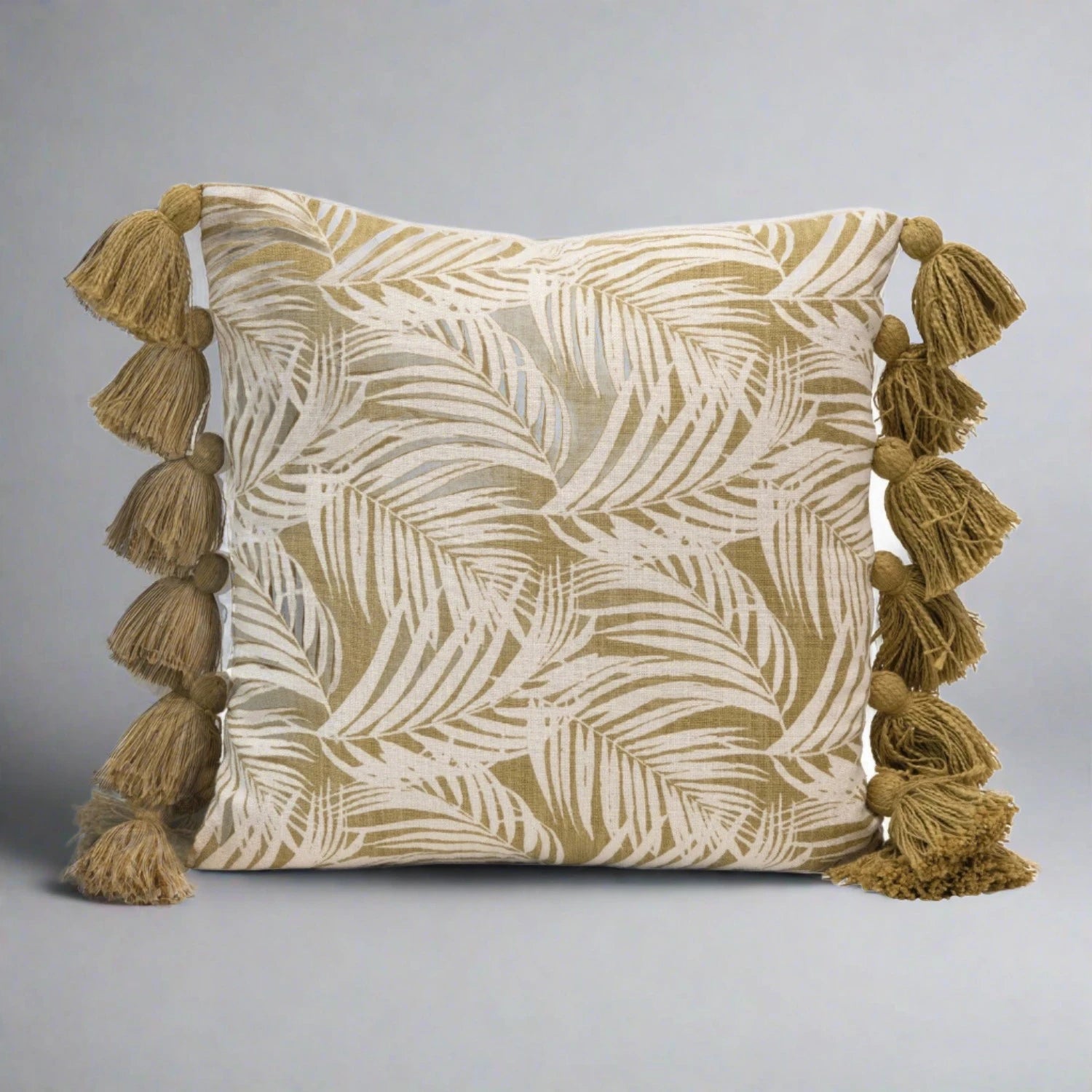 18" Cotton Pillow with Palm Frond Pattern & Tassels - The Riviera Towel Company