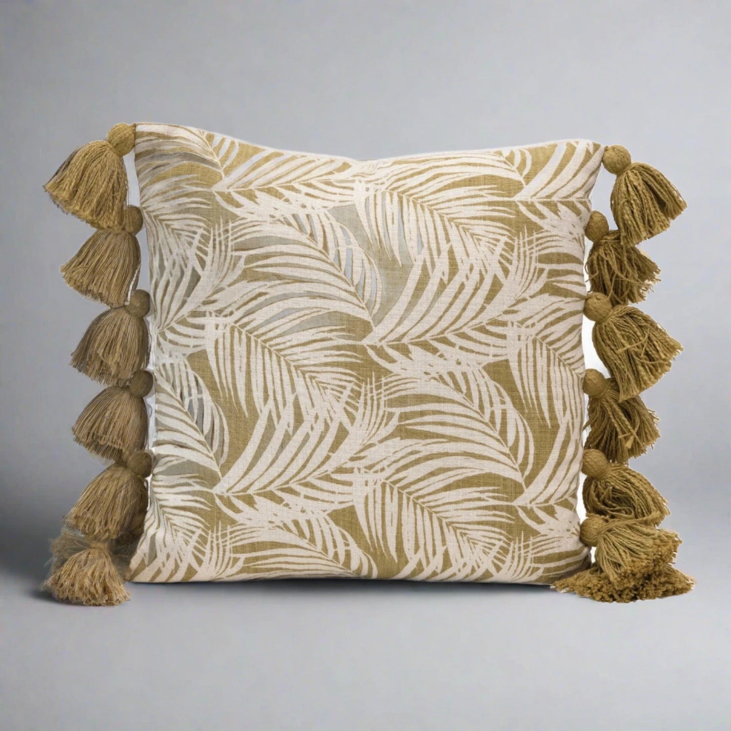 18" Cotton Pillow with Palm Frond Pattern & Tassels