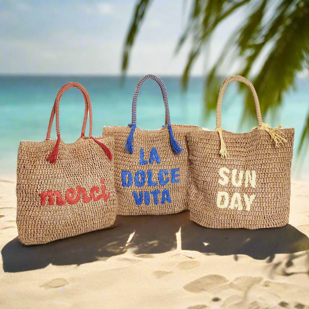 Embroidered Raffia Tote