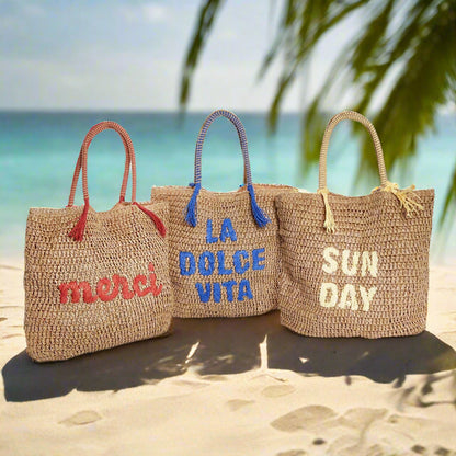 Embroidered Raffia Tote, view 8