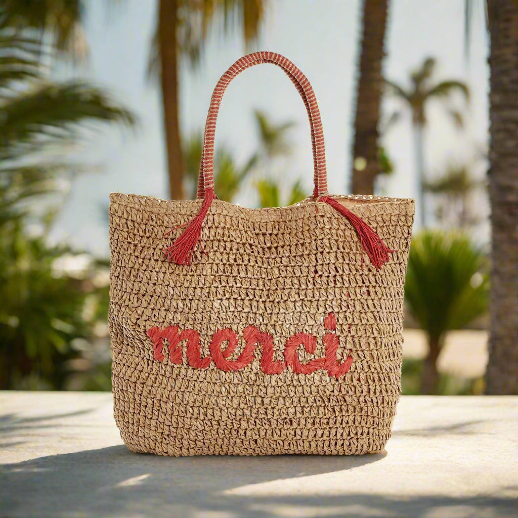 Embroidered Raffia Tote, view 5