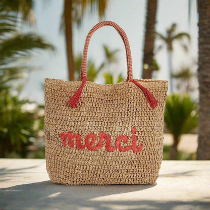 Embroidered Raffia Tote, view 5