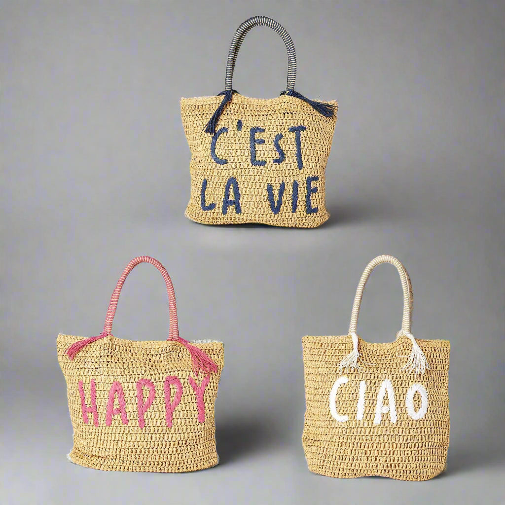 Embroidered Raffia Tote