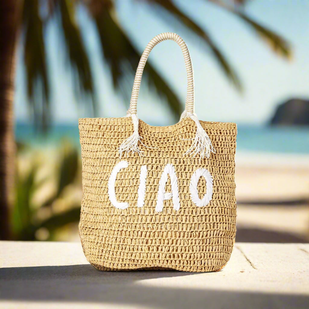 Embroidered Raffia Tote, view 2