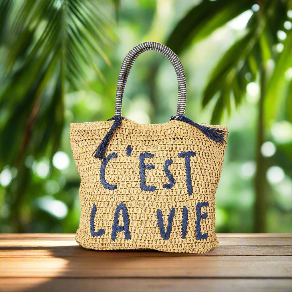 Embroidered Raffia Tote
