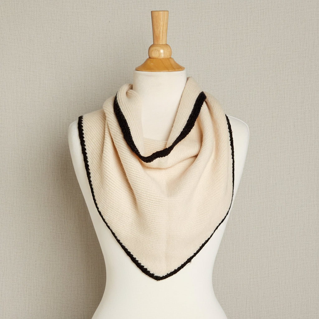 Beige scarf with black trim on a mannequin against a white background