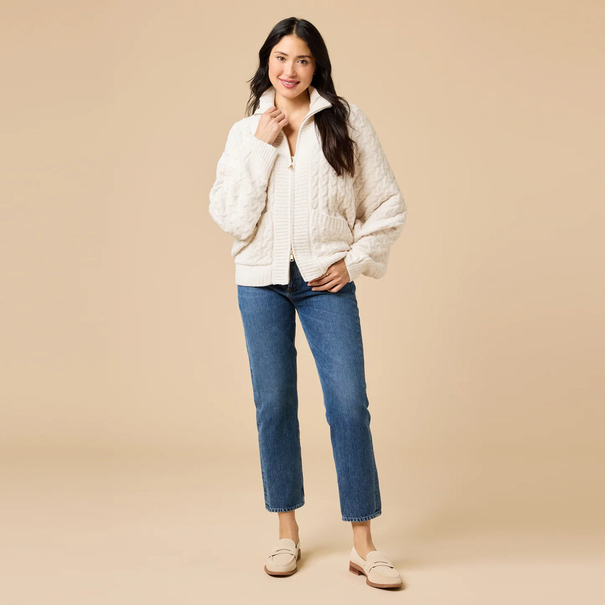 Cable Knit Marshmallow Funnel Neck Jacket