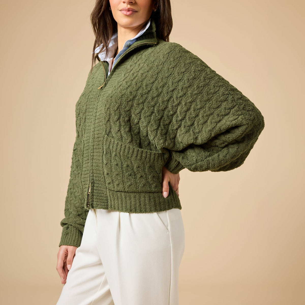 Cable Knit Marshmallow Funnel Neck Jacket