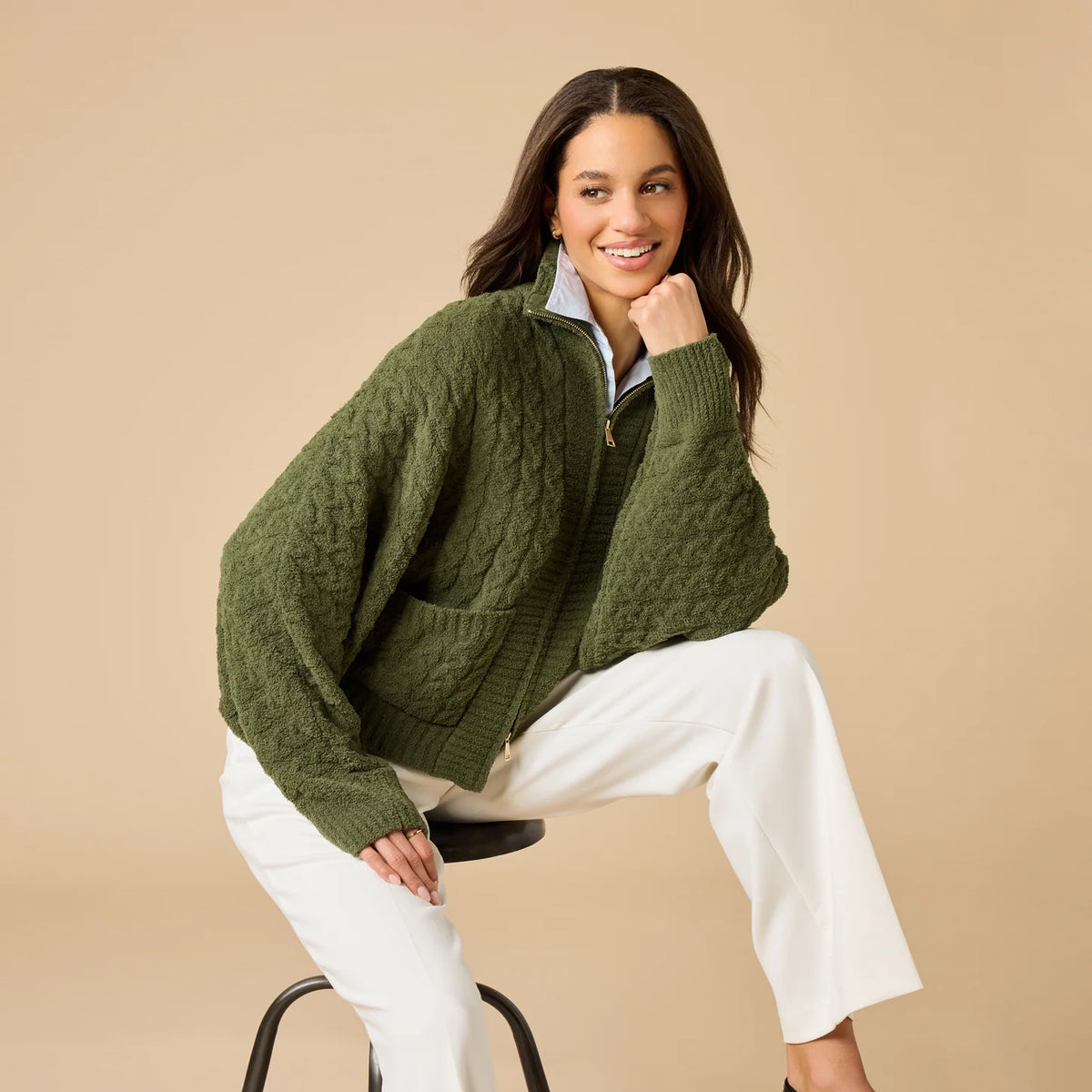 Cable Knit Marshmallow Funnel Neck Jacket