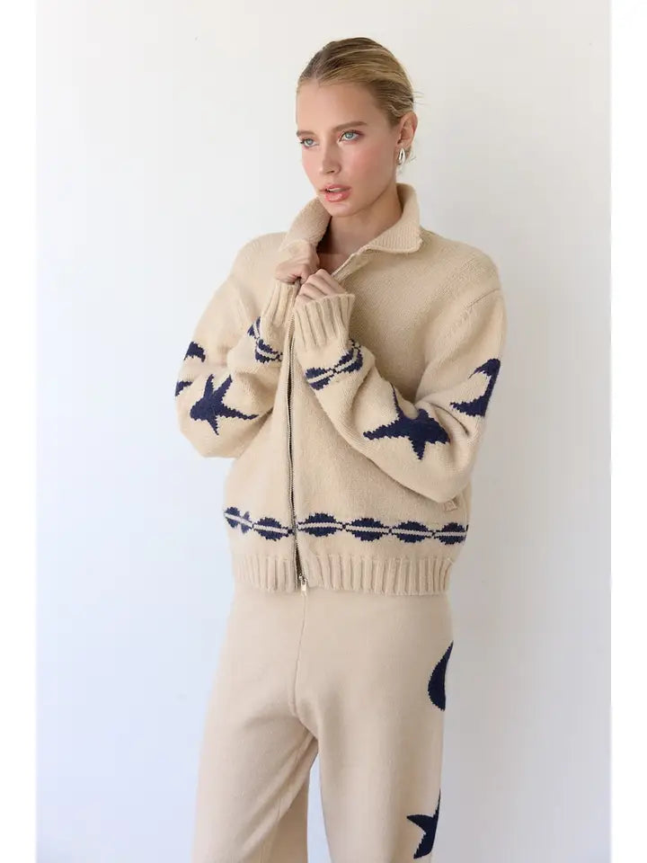 Cozy Pattern Zip Sweater Jacket