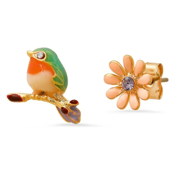 Enamel Bird and Flower Mismatched Studs