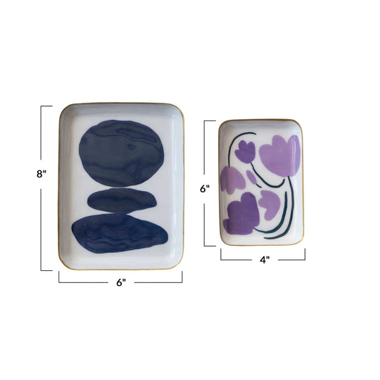 Enameled Metal Trays w/ Flowers/Abstract Design