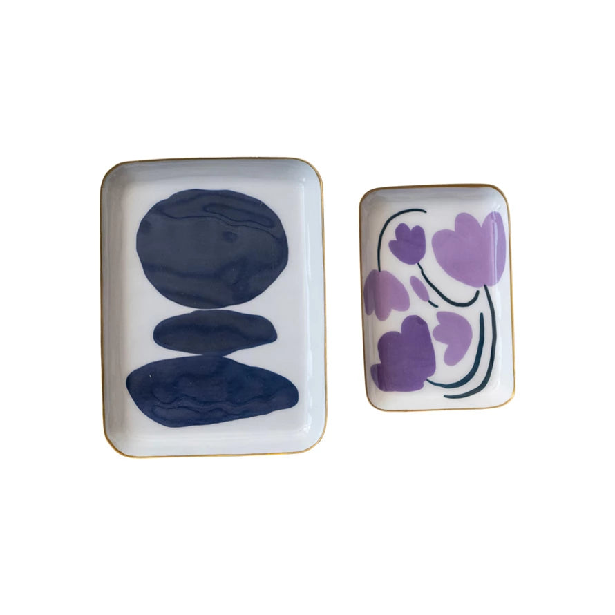 Enameled Metal Trays w/ Flowers/Abstract Design