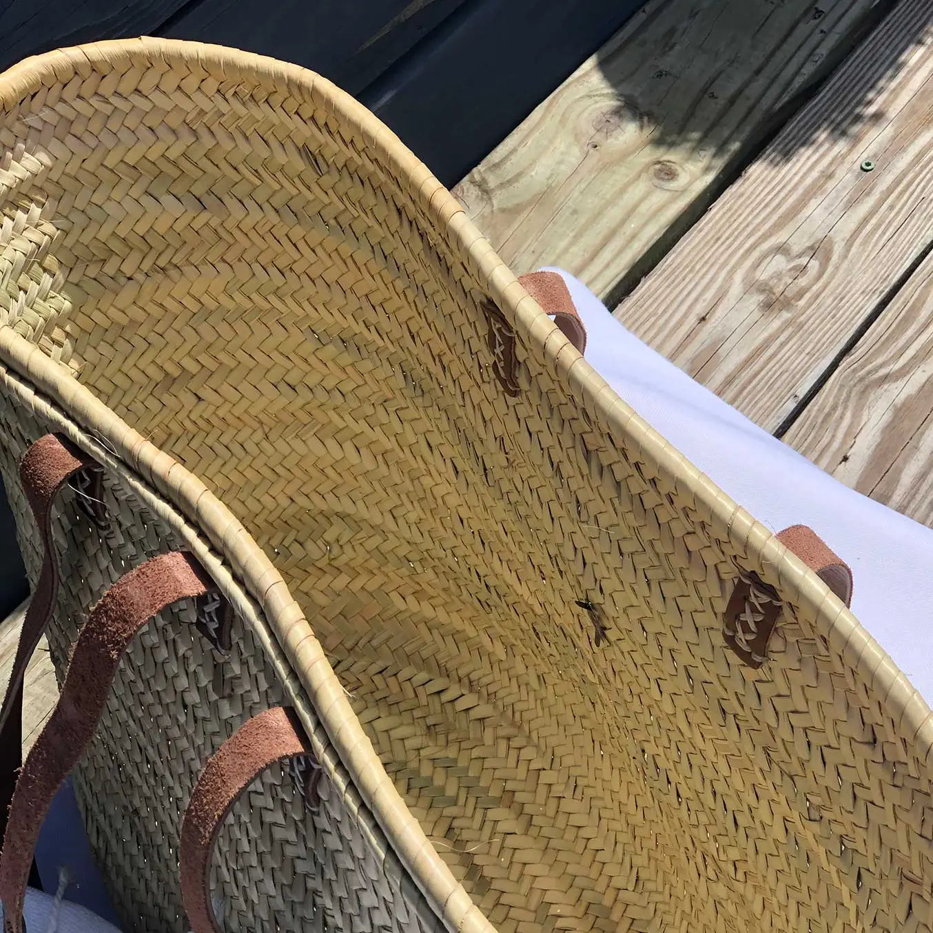 French Market Beach Basket with Leather Stripes