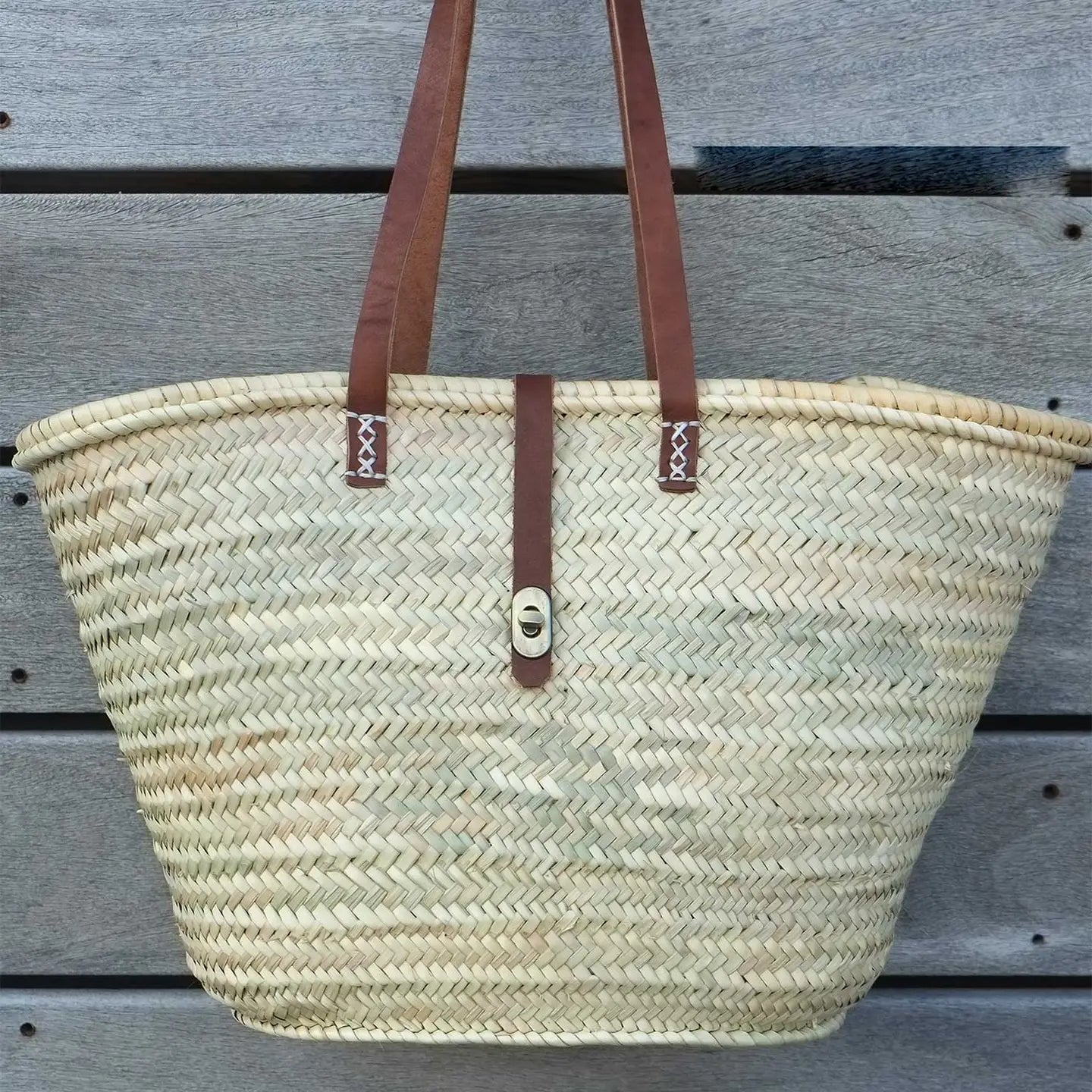 French Market Beach Basket with Leather Stripes