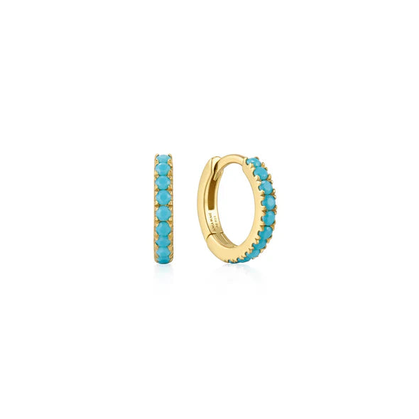 Gold Aqua Blue Row Huggie Hoop Earrings