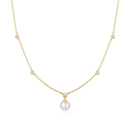 Gold Bezel-Set Station Necklace with Shell Pearl Pendant