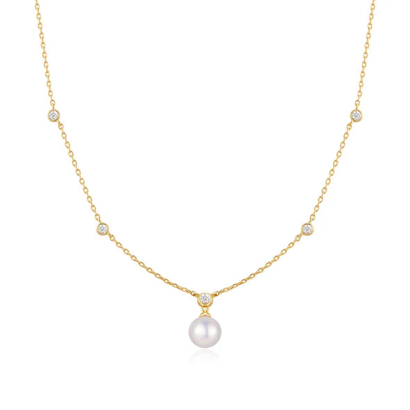 Gold Bezel-Set Station Necklace with Shell Pearl Pendant