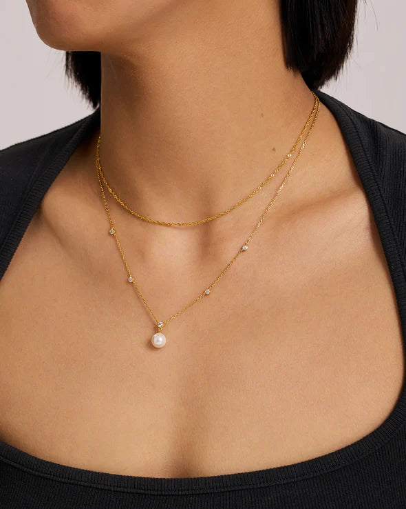 Gold Bezel-Set Station Necklace with Shell Pearl Pendant
