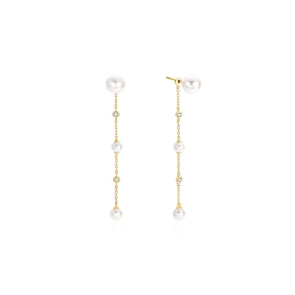 Gold Cascade Shell Pearl Station Drop Stud Earrings