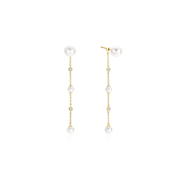 Gold Cascade Shell Pearl Station Drop Stud Earrings