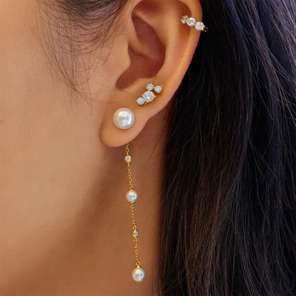 Gold Cascade Shell Pearl Station Drop Stud Earrings, view 2