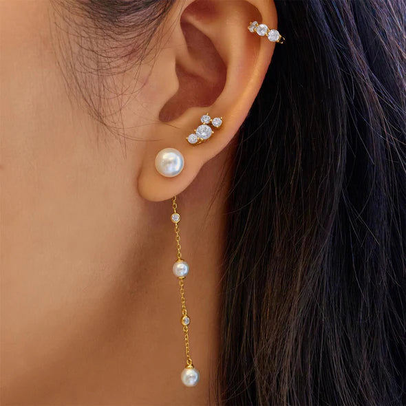 Gold Cascade Shell Pearl Station Drop Stud Earrings, view 2, styled
