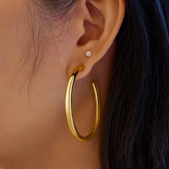 Gold Classic Tube Large Hoop Earrings, view 2