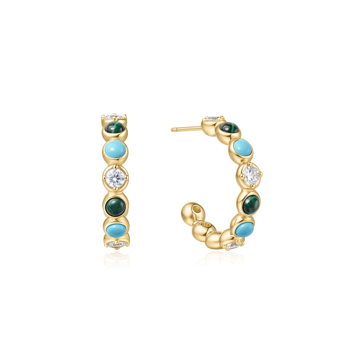 Gold Malachite and Turquoise Large Hoops