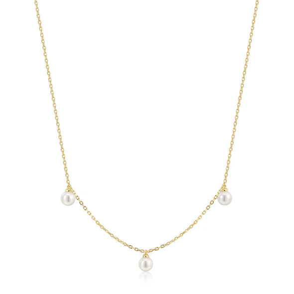 Gold Triple Shell Pearl Station Necklace