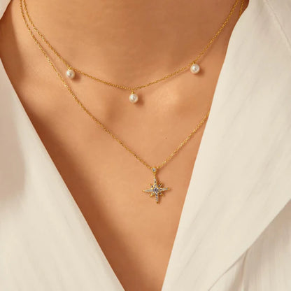 Gold Triple Shell Pearl Station Necklace, view 2