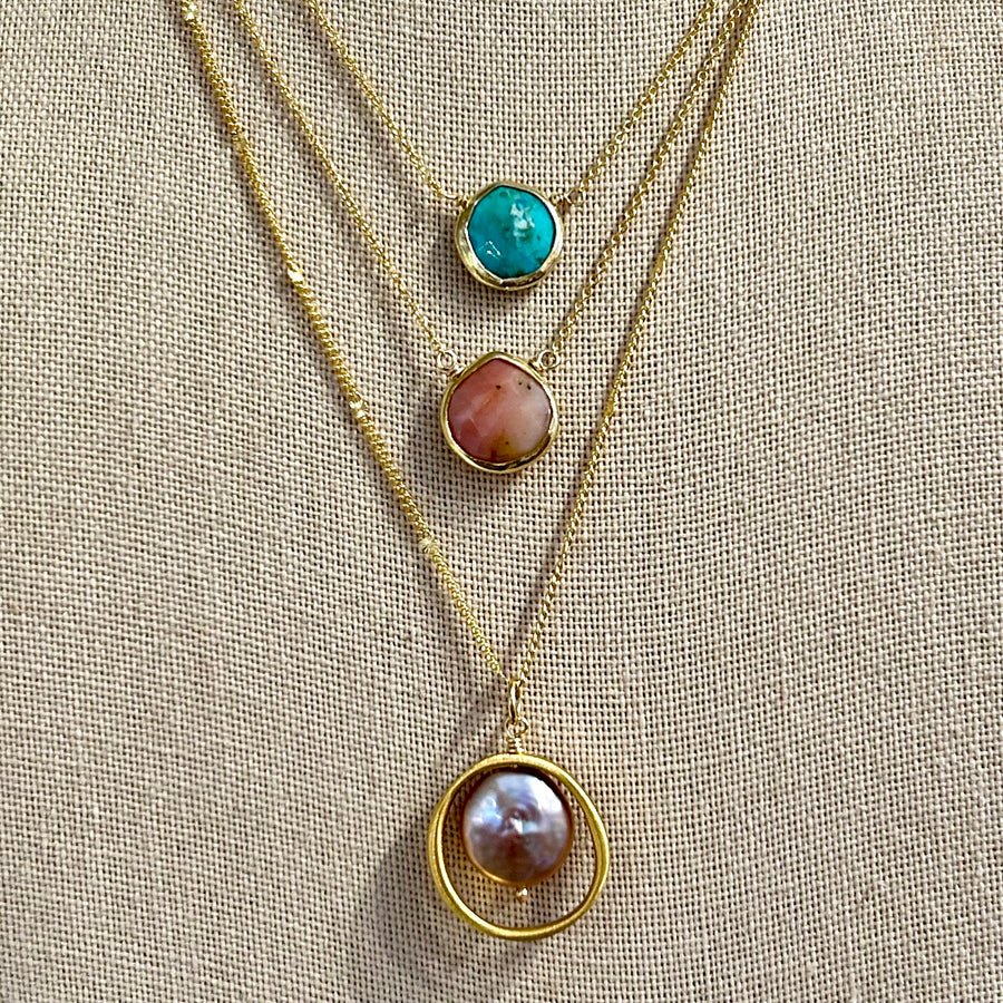 Open Circle Pink Pearl Necklace, view 2, styled