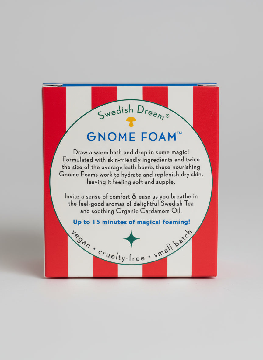 Gnome Foam packaging with red and white striped design on a wooden surface