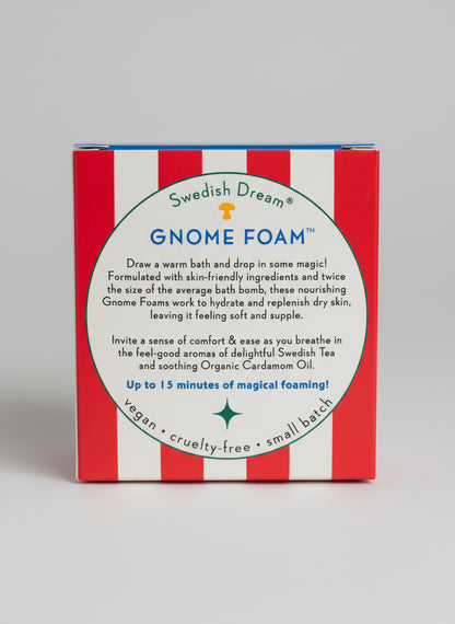 Gnome Foam packaging with red and white striped design on a wooden surface
