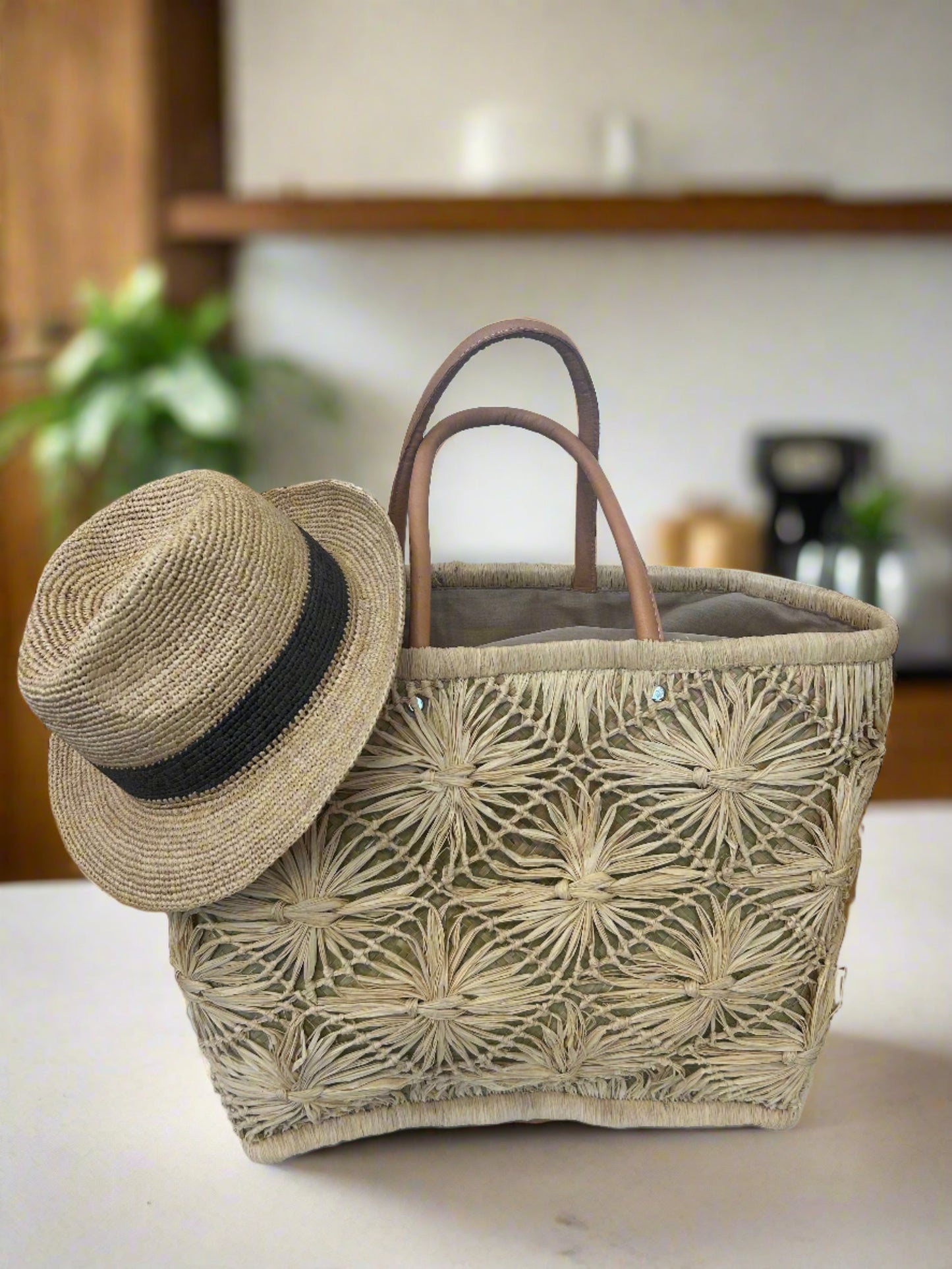 Macrame Diamond Straw Basket Bag