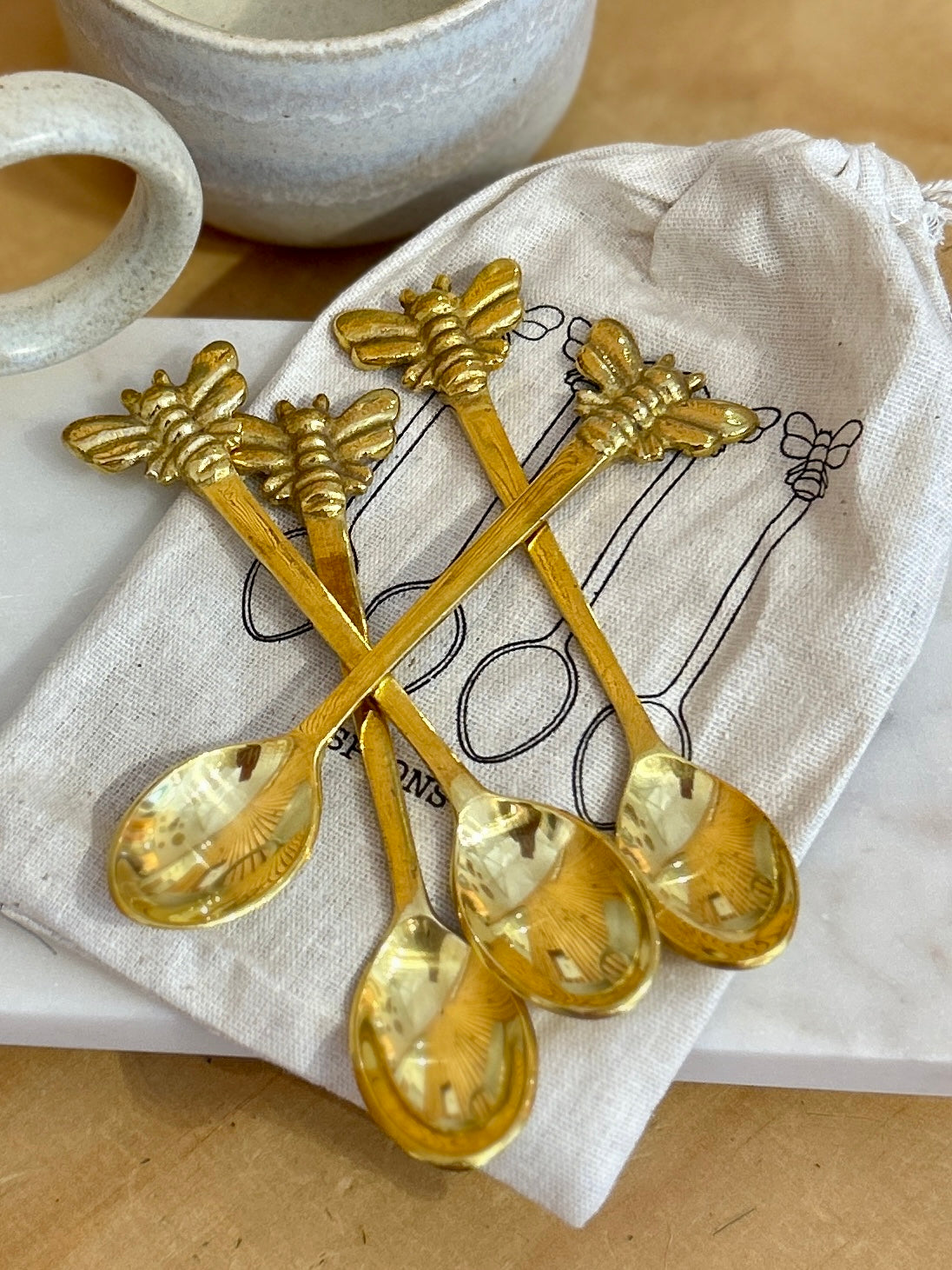 Brass Spoons w/ Bees, Set of 4