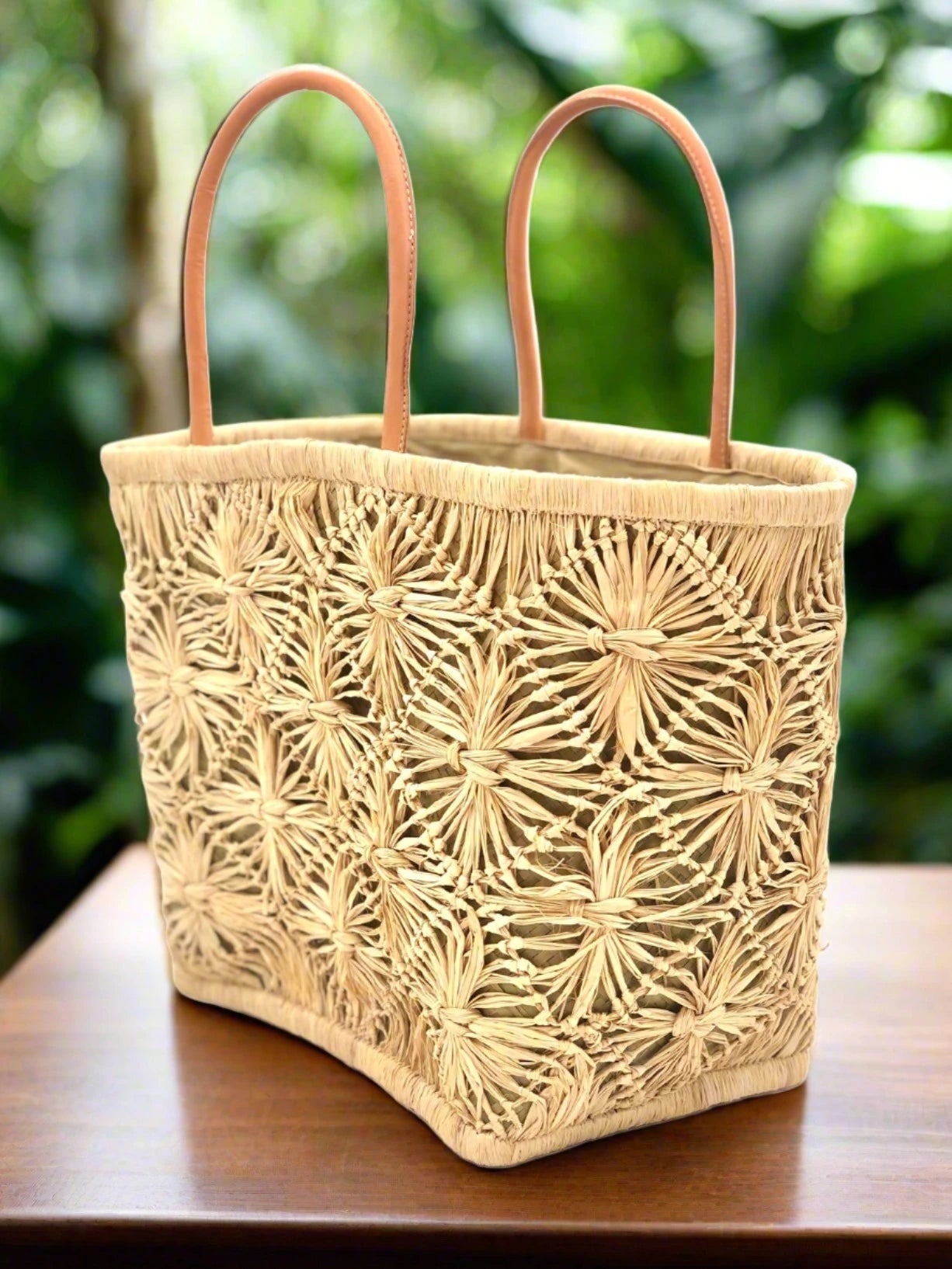 Macrame Diamond Straw Basket Bag