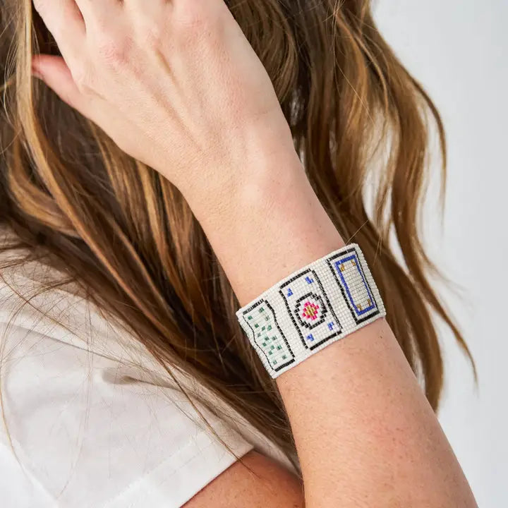 Mahjong Print Beaded Stretch Bracelet